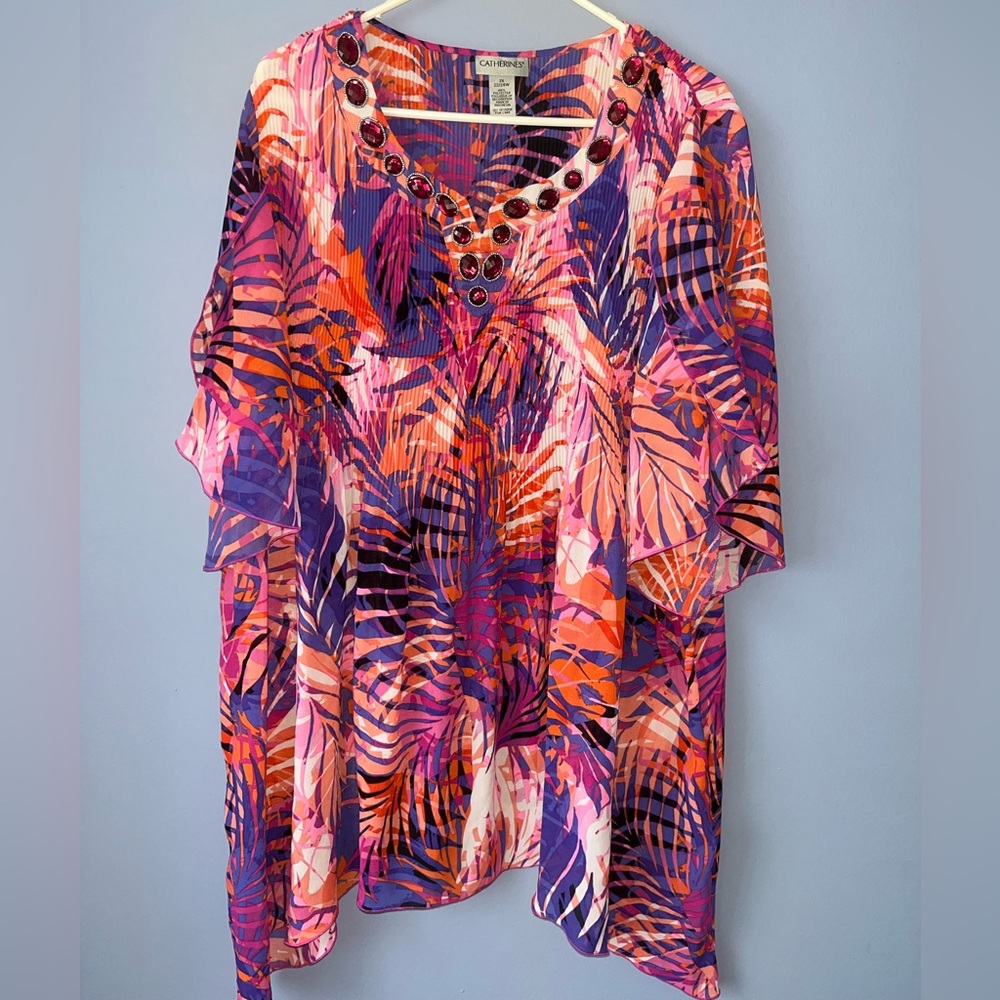 Catherines Embellished Beaded Tropical Flowy Multi Color Tunic Top Blouse 2X
